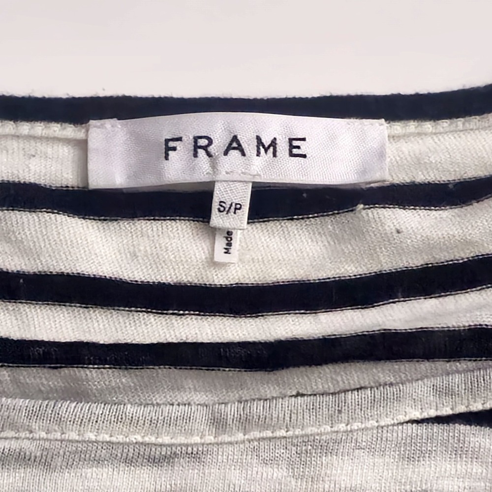 FRAME Linen Long Sleeve Top Ruffle Striped White Black Size S P - Picture 2 of 5
